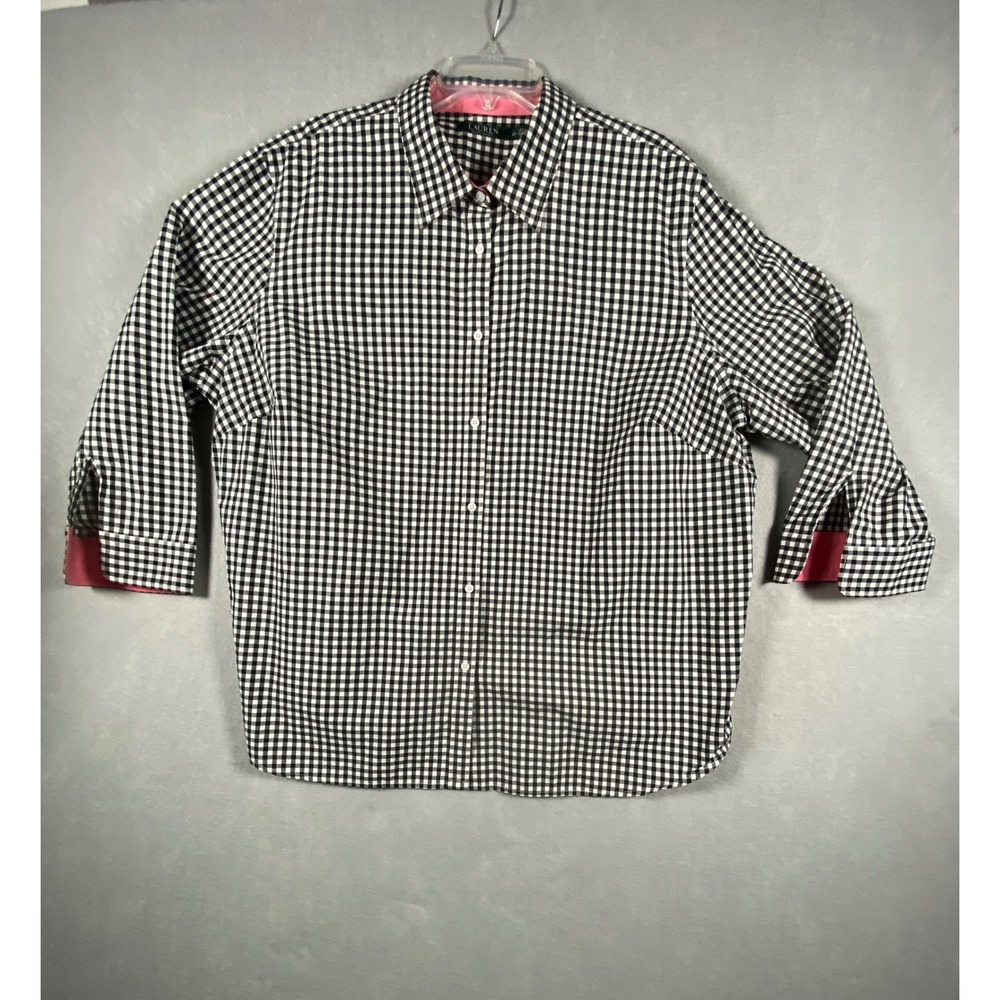 Lauren Ralph Lauren Shirt Womens‎ 3X Black Gingham Check Pink Contrast Cotton